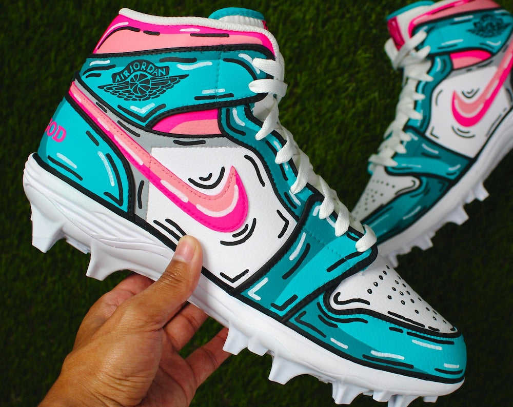 Cartoon Jordan 1 TD Football Cleats South Beach Colorway